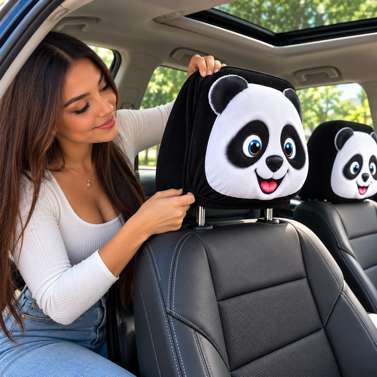 Femme installant la housse d'appui-tête panda