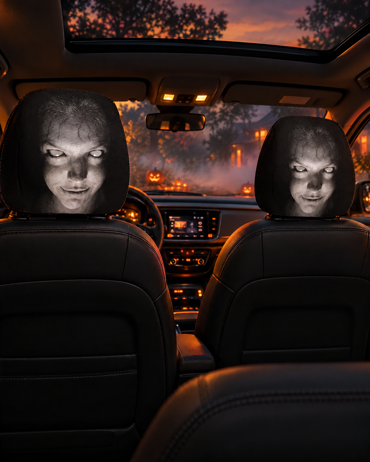 Housses d'appui-tête Halloween installées dans une voiture