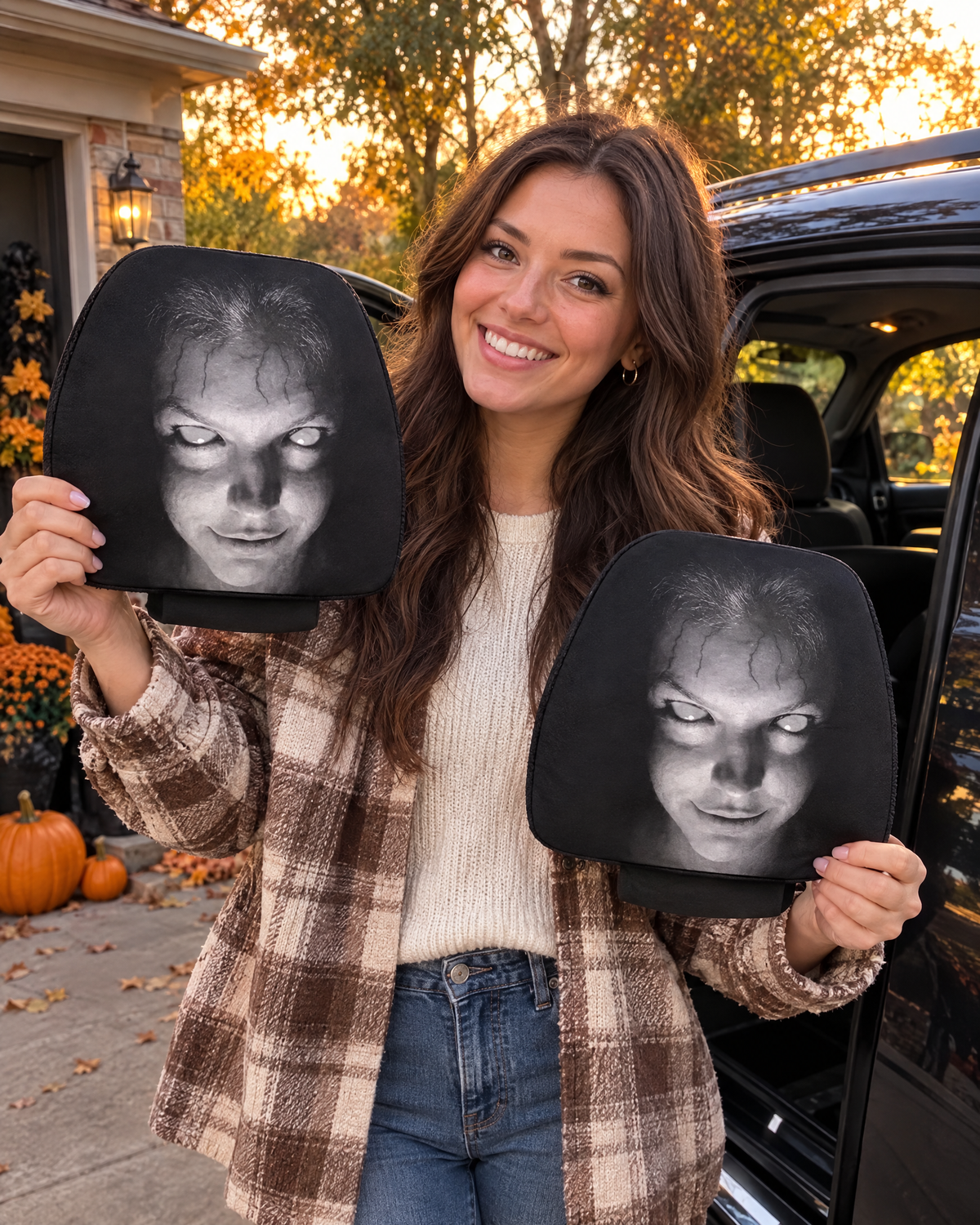 Femme présentant les housses d'appui-tête Halloween