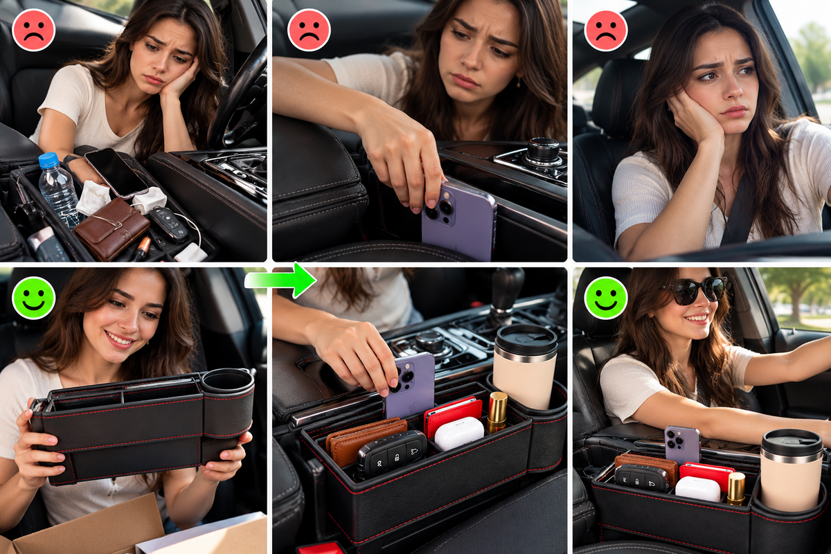 Avant après rangement voiture avec organiseur